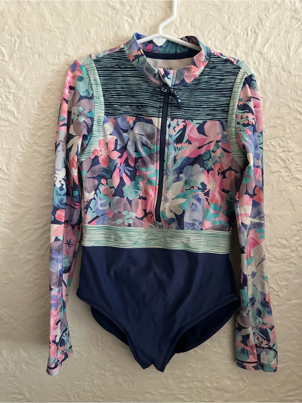 Athleta Girl Long Sleeve Swimsuit One Piece Medium 8-10 Blue Pink Floral Kids